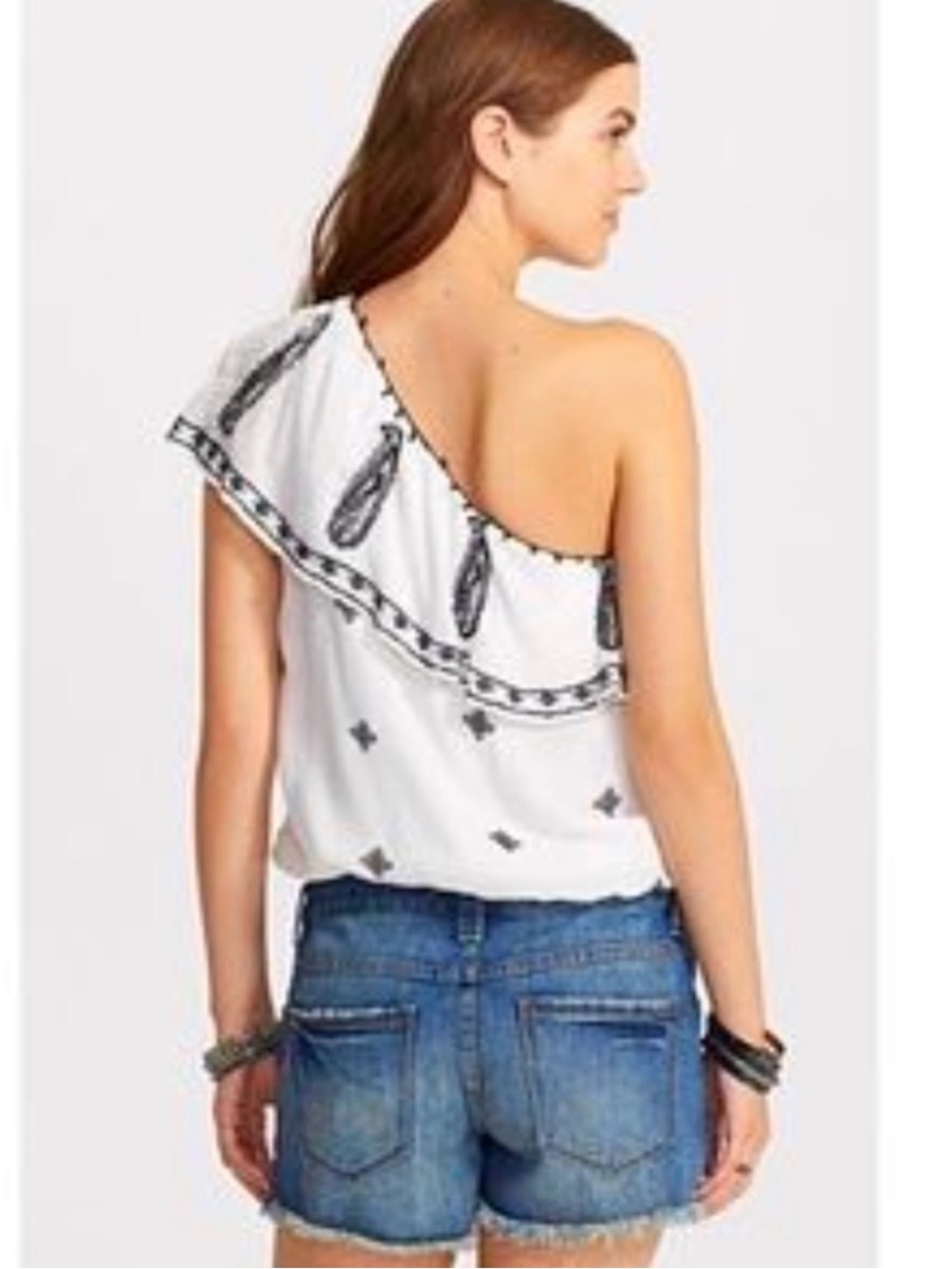 Free People Ruffled One Shoulder Boho Embroidered Top - Size XS